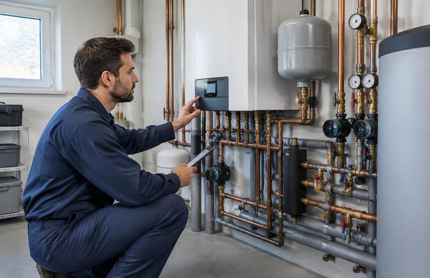 Technician inspecting boiler controls and hydronic heating equipment
