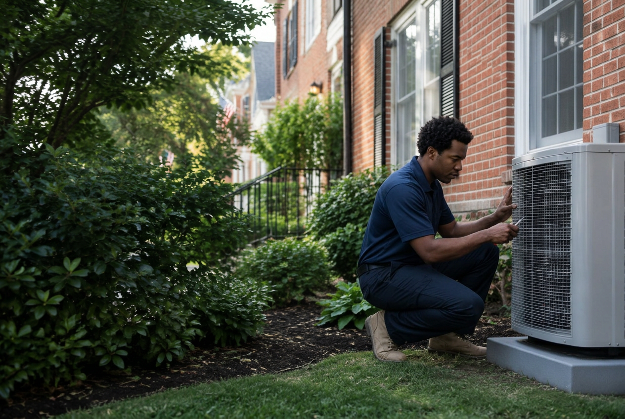 Black HVAC technician servicing an outdoor heat pump beside a brick home