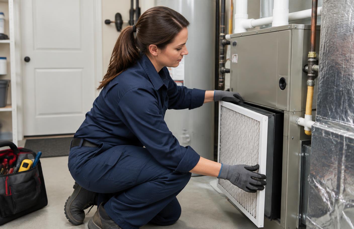 Technician replacing a furnace air filter during maintenance